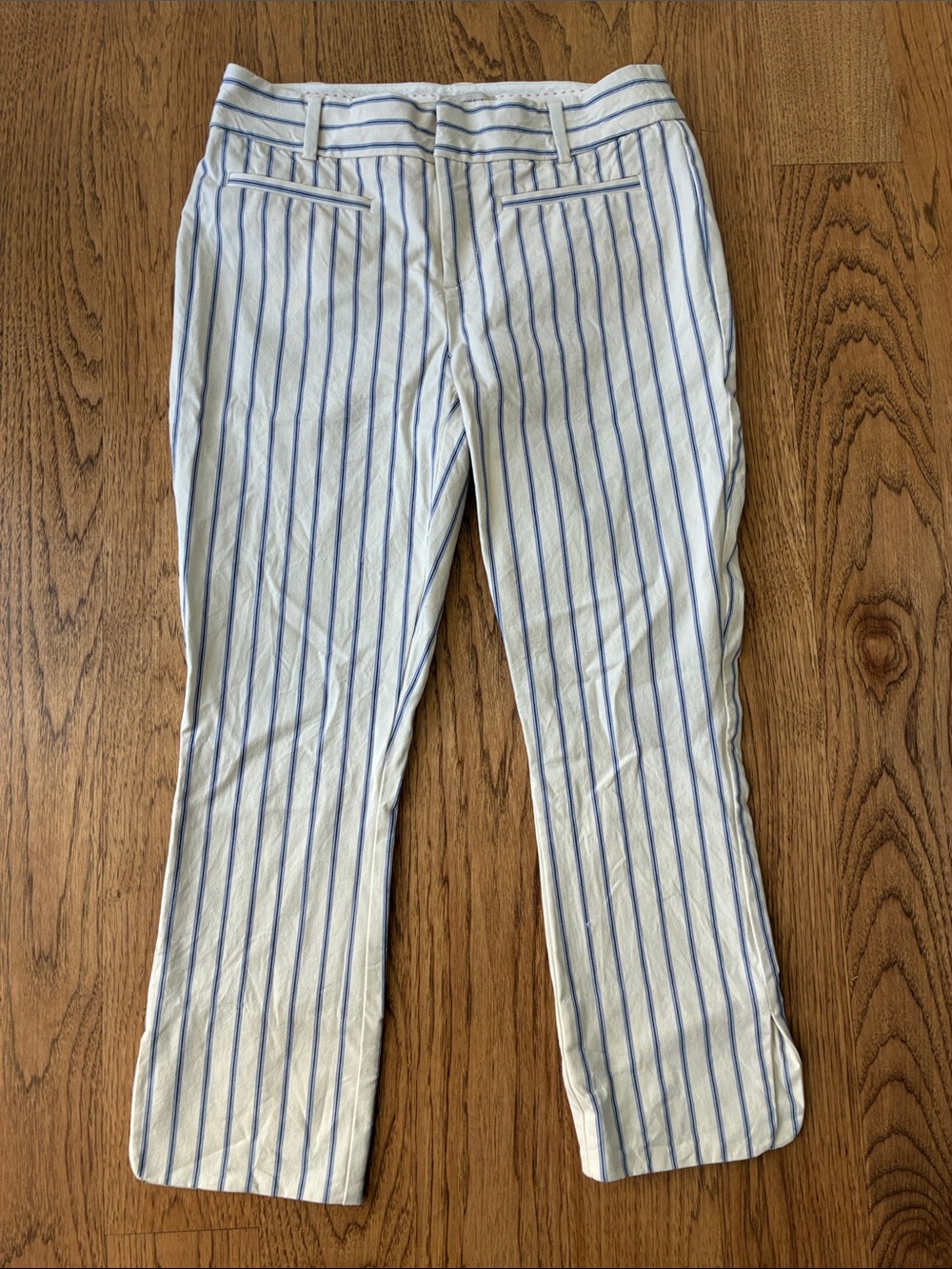 Anthropologie women’s cropped Cream Dress Pants with purple and green Pinstripes
